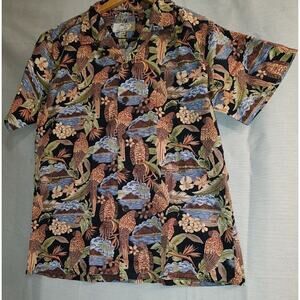 High Surf Island Men's Hawaiian Shirt Black W/Birds & Flowers Size Medium